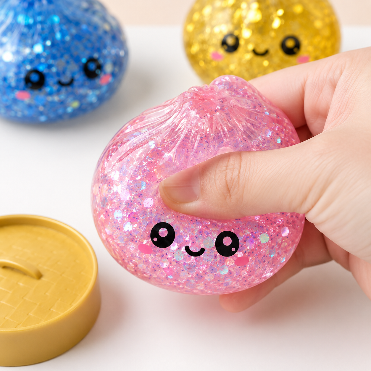 Squishy rose pailleté écrasé dans une main pour montrer l'effet anti-stress et le retour lent de la mousse