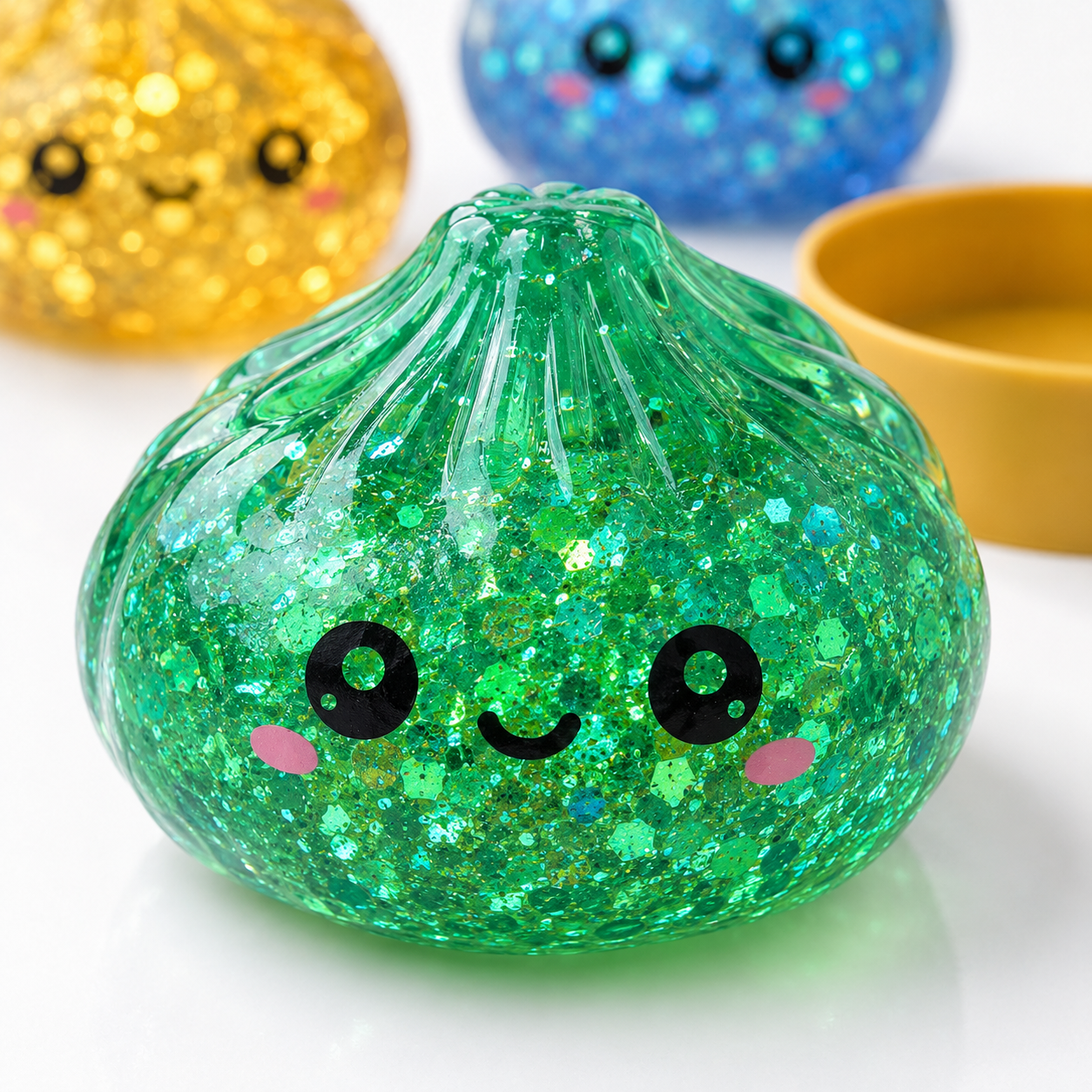 Gros plan sur un squishy vert pailleté au visage kawaii souriant, texture mousse slow rising
